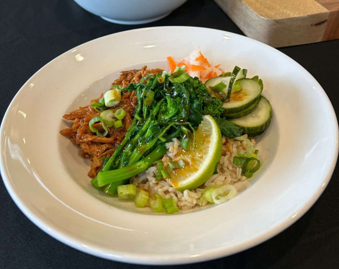 A bowl of food. 